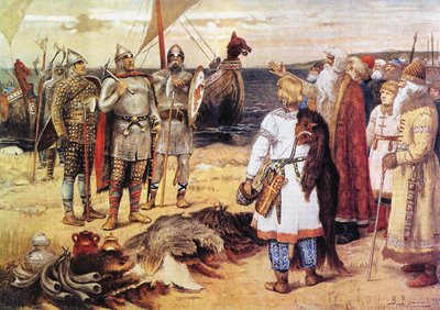 Die Einladung der Waräger: Rurik und seine Brüder kommen in Staraja Ladoga an, vor 1912 von Viktor Mikhaylovich Vasnetsov