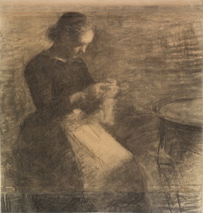 Porträt von Ida Hammershøi mit Handarbeit von Vilhelm Hammershøi