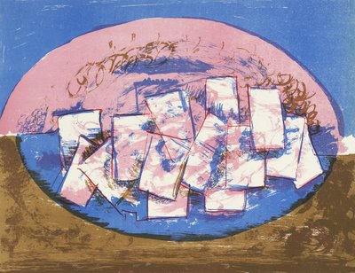 Blaue und rosa Ellipse mit Quadraten auf braunem und blauem Hintergrund von Vilhelm Lundstrøm