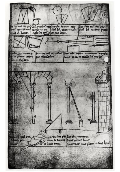 Ms.Fr.19093 fol.20v Geometrische Figuren für den Bau, Bögen und ein Mann, der die Höhe eines Turms misst (Faksimile) von Villard de Honnecourt
