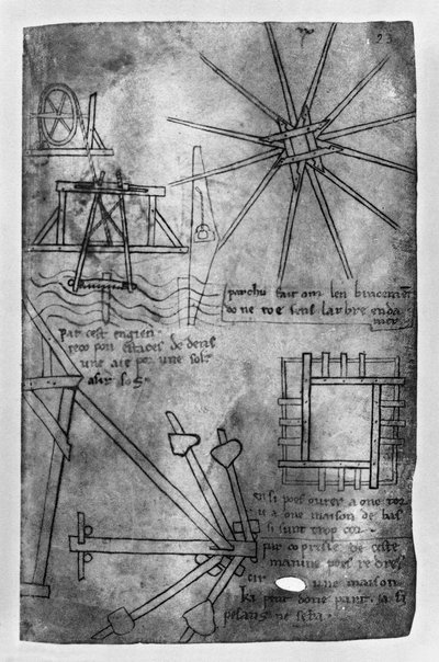 Verschiedene Maschinen und Instrumente: Unterwassersägemaschine für Pfähle, Radschießscharte, Aufrichtstrebe für schiefes Haus, Modell aus kurzen Holzstücken (Faksimilekopie) von Villard de Honnecourt
