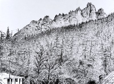 Dolomiten vom Balkon in Dont, Italien, 2019 von Vincent Alexander Booth