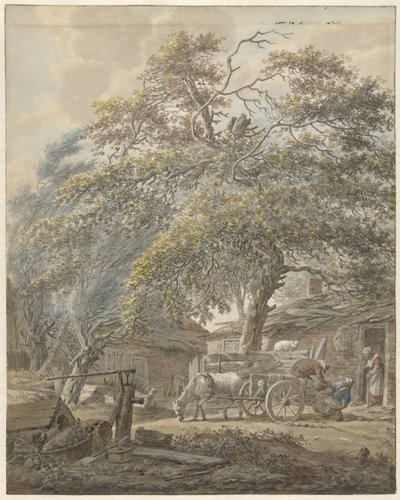Bauernhof mit zwei Männern, die eine Wiege auf einen Pferdewagen laden von Vincent Jansz. van der Vinne
