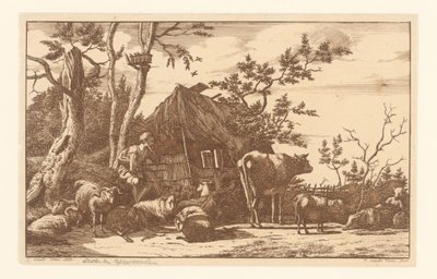 Sitzender Hirte mit Vieh vor einer verfallenen Scheune von Vincent Jansz. van der Vinne