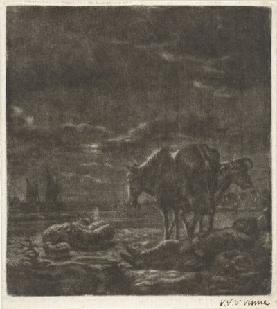 Nachtlandschaft mit schlafendem Hirten und Vieh von Vincent Laurensz. van der Vinne (II)