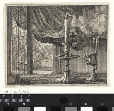 Erloschene Kerze vor einem offenen Fenster von Vincent Laurensz. van der Vinne (II)