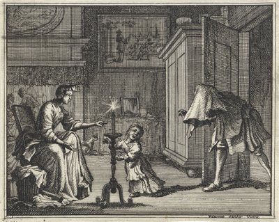 Vater erschreckt ein Kind im Innenraum von Vincent Laurensz. van der Vinne (II)