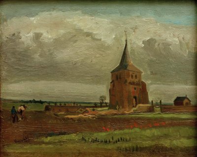 Der alte Friedhofsturm in Nuenen mit pflügendem Bauer von Vincent van Gogh