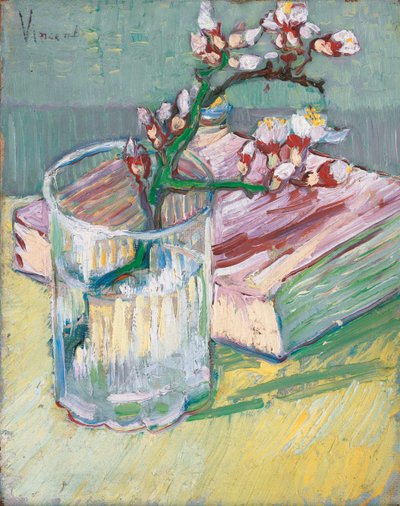 Blühender Mandelzweig in einem Glas mit einem Buch, 1888 von Vincent van Gogh