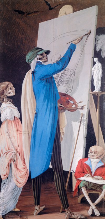 Maler und seine Frau mit Zwerg, aus dem Zyklus der Szenen der lebenden Skelette, Paolo Vincenzo Bonomini (1757-1839), Tempera auf Leinwand, Kirche Santa Grata Inter Vites, in Borgo Canale, Bergamo, Italien von Vincenzo Bonomini