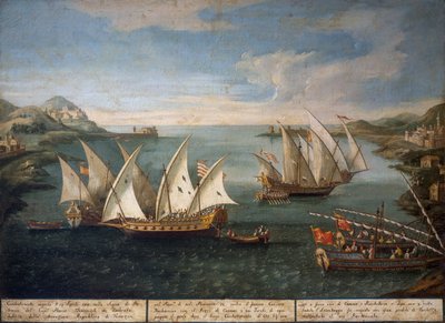 Seeschlacht zwischen venezianischen Schiffen von Marco Ivanovich Dobrota und türkischen Schiffen vor Patras am 17. April von Vincenzo Chilone