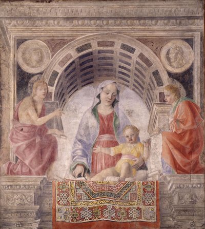 Madonna und Kind mit den Heiligen Johannes dem Täufer und Johannes dem Evangelisten, 1485 von Vincenzo Foppa