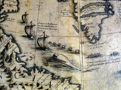Walfang: Der Wal wird an Land gebracht, um Öl zu gewinnen. Vom Globus von Coronelli. 17. Jahrhundert von Vincenzo Maria Coronelli