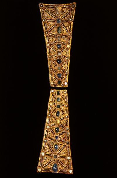 Hals eines Prozessionskreuzes aus Gold, Granat und Perlen aus dem Schatz von Guarrazar, 7. Jahrhundert von Visigothic
