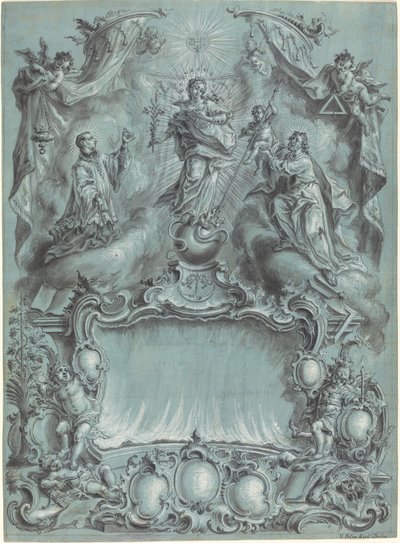 Aufwendige Rokoko-Szene mit der Jungfrau und dem Kind und Heiligen, die das Böse, die Ketzerei und die profane Liebe besiegen von Vitus Felix Rigl