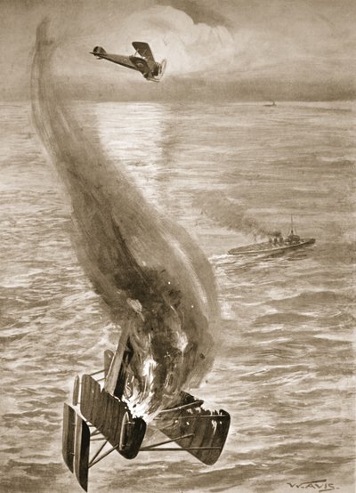Die Zerstörung eines deutschen Wasserflugzeugs durch Flight-Sub-Lieutenant Ince vor der belgischen Küste von W. Avis