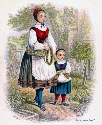 Zwei deutsche Mädchen mit Blumenkörben, 1809 von W. Dickes