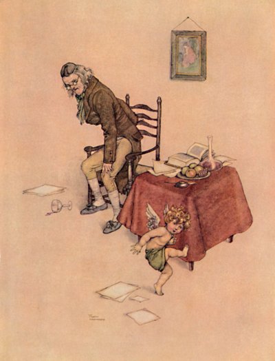 Er sprang vom Schoß des alten Mannes und tanzte um ihn herum, um 1930 von William Heath Robinson