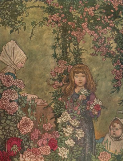 Die Bäuerin saß sonntags vor der Tür ihres Häuschens und las ihr Gesangbuch, um 1930 von William Heath Robinson