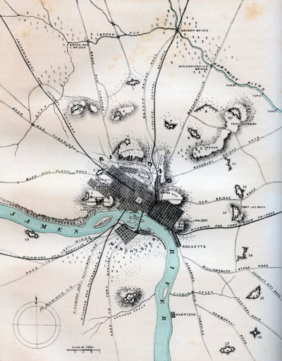 Eine Karte von Richmond und Umgebung mit allen Batterien, 1862-1867 von W Kemble