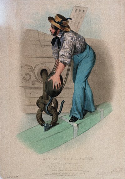 Den Anker umgeben (den Anker heben und den Korkring passieren). Farblithographie von W. Kohler