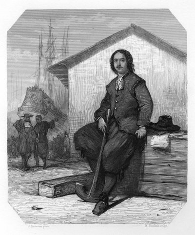 Zar Peter I. von Russland arbeitet an einem Ostindienfahrer, Amsterdamer Docks, Niederlande, 1697 ca. 1870 von W. Steelink