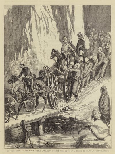Auf dem Marsch zur Front, Feldartillerie überquert den Indus auf einer Pontonbrücke bei Khooshiahgurh von Walter Charles Horsley