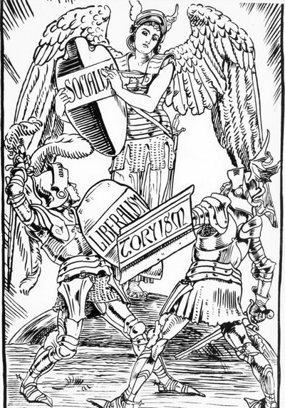 Allegorie von Walter Crane: Der Sozialismus triumphiert hart im Kampf zwischen Liberalismus und Toryismus (Englische Konservative Partei). Stich aus dem späten 19. Jahrhundert. von Walter Crane