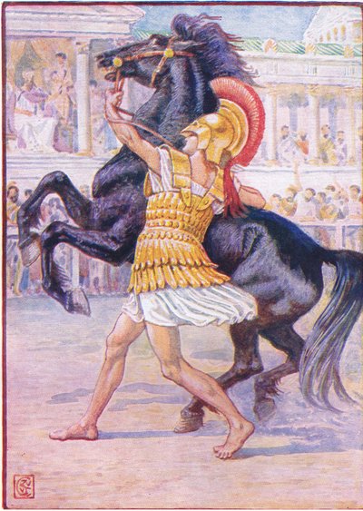 Er rannte auf das Pferd zu und ergriff die Zügel, Illustration aus Die Geschichte Griechenlands, 1930er Jahre von Walter Crane
