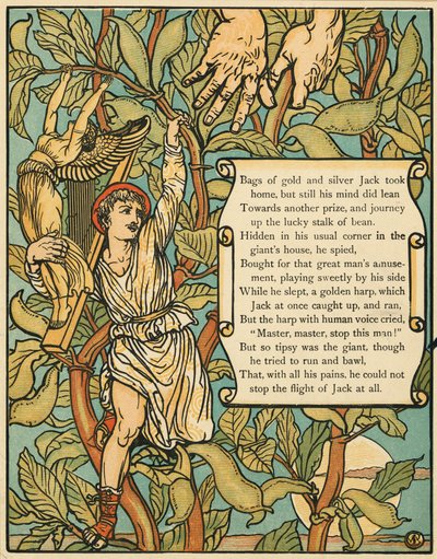 Jack steigt die Bohnenranke hinunter aus Jack und die Bohnenranke, veröffentlicht 1875, Farblithographie, 1875 von Walter Crane