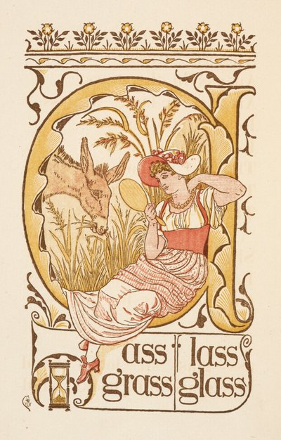 Reimwörter, die mit dem Buchstaben S enden. Eine Frau hält einen Handspiegel. Der Goldene Primer von Walter Crane