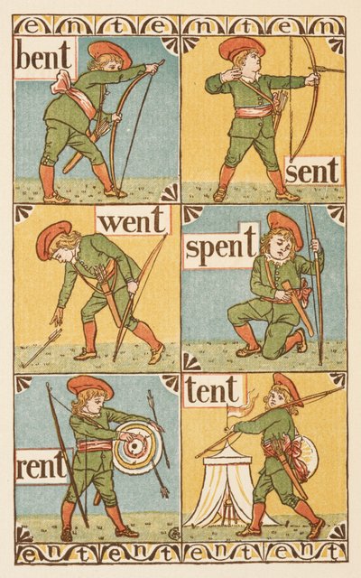 Reimwörter, die mit dem Buchstaben T enden. Ein Junge mit Bogen und Pfeil. The Golden Primer von Walter Crane