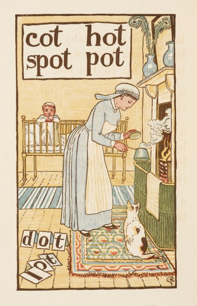 Reimwörter, die mit dem Buchstaben T enden. Eine Illustration, die eine Krankenschwester zeigt, die einen Topf für ein krankes Kind kocht. Der Goldene Primer. von Walter Crane