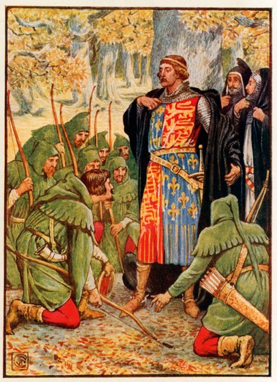 Robin Hood und seine Männer knien vor dem König von Walter Crane