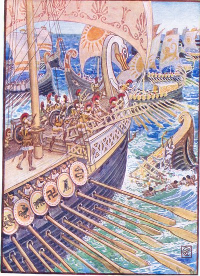 Schiff prallte gegen Schiff, bis die persischen Toten das Meer wie Blumen bedeckten, Illustration aus Die Geschichte Griechenlands, 1930er Jahre von Walter Crane