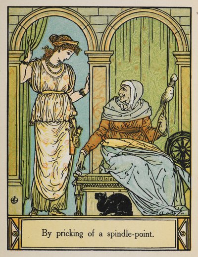Dornröschen steht neben einer alten Frau mit einem Spinnrad und Faden. Eine schwarze Katze sitzt darunter von Walter Crane