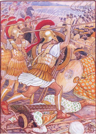Sie stürzten mit gewaltiger Kraft in die persische Armee, Illustration aus Die Geschichte Griechenlands, 1930er Jahre von Walter Crane