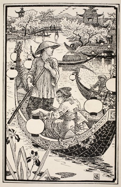 Als der Abend kam, stiegen sie wieder in ihr Boot und schmückten es von Bug bis Heck mit Blumen, Illustration aus 
