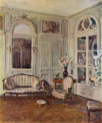 Weißer Salon in St. Brice, Frankreich, das Haus von Edith Wharton, Louis XVI Stil, etwa 1760-70 (Farblitho) von Walter Gay