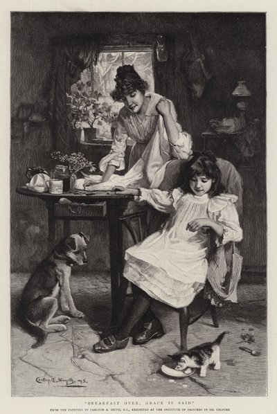 Frühstück beendet, das Tischgebet wird gesprochen (Gravur) von Walter Granville Smith