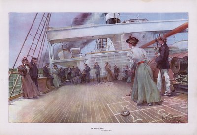 Mitten im Ozean: Passagiere genießen ein Shuffleboard-Spiel an Bord eines Schiffes von Walter Granville Smith