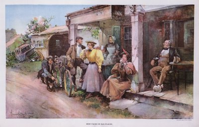 Neue Gesichter an alten Orten: eine Gruppe von Radfahrern erfrischt sich in einem Gasthaus am Straßenrand von Walter Granville Smith