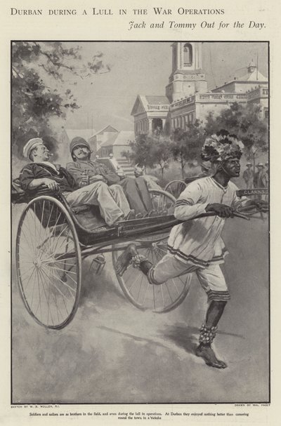 Britischer Matrose und Soldat fahren in einer Rikscha durch die Straßen von Durban während einer Kampfpause im Burenkrieg von Walter Paget