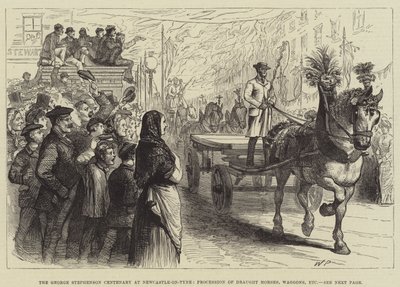 Das George-Stephenson-Jubiläum in Newcastle-on-Tyne, Prozession von Zugpferden, Wagen usw. von Walter Paget