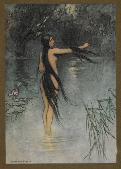 Tafel 29: "Als sie aus dem Wasser kam, war eine Veränderung an ihr zu sehen!", aus Folk-Tales of Bengal ... Mit 32 Illustrationen in Farbe von Warwick Goble (Edition de luxe.). 1914 von Warwick Goble
