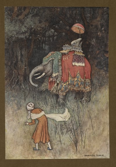 Tafel 8: "Plötzlich kreuzte ein prächtig geschmückter Elefant seinen Weg", aus Folk-Tales of Bengal ... Mit 32 Illustrationen in Farbe von Warwick Goble (Edition de luxe) von Warwick Goble