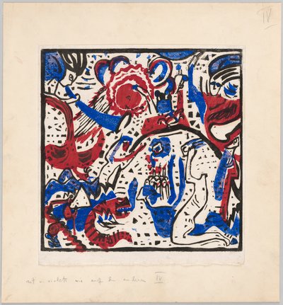 Holzschnitt nach dem Hinterglasbild "Große Auferstehung" (Probedruck mit Anweisungen für Kandinskys Buch "Klänge" (1912), S. 97) von Wassily Kandinsky
