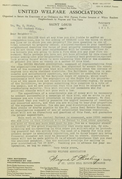 Brief von Wayne E. Wheeling, United Welfare Association, an Lieber Nachbar, 5. Februar 1915 von Wayne E. Wheeling