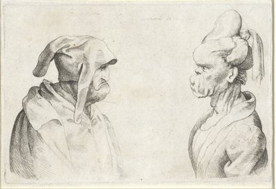 Missgestaltete Köpfe eines Mannes mit schlaffer Mütze und einer Frau mit hochgebundenem Haar von Wenceslaus Hollar (attributed to)