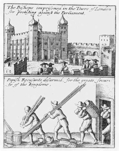 Bischöfe im Tower of London eingesperrt; Papistische Rekusanten entwaffnet von Wenceslaus Hollar